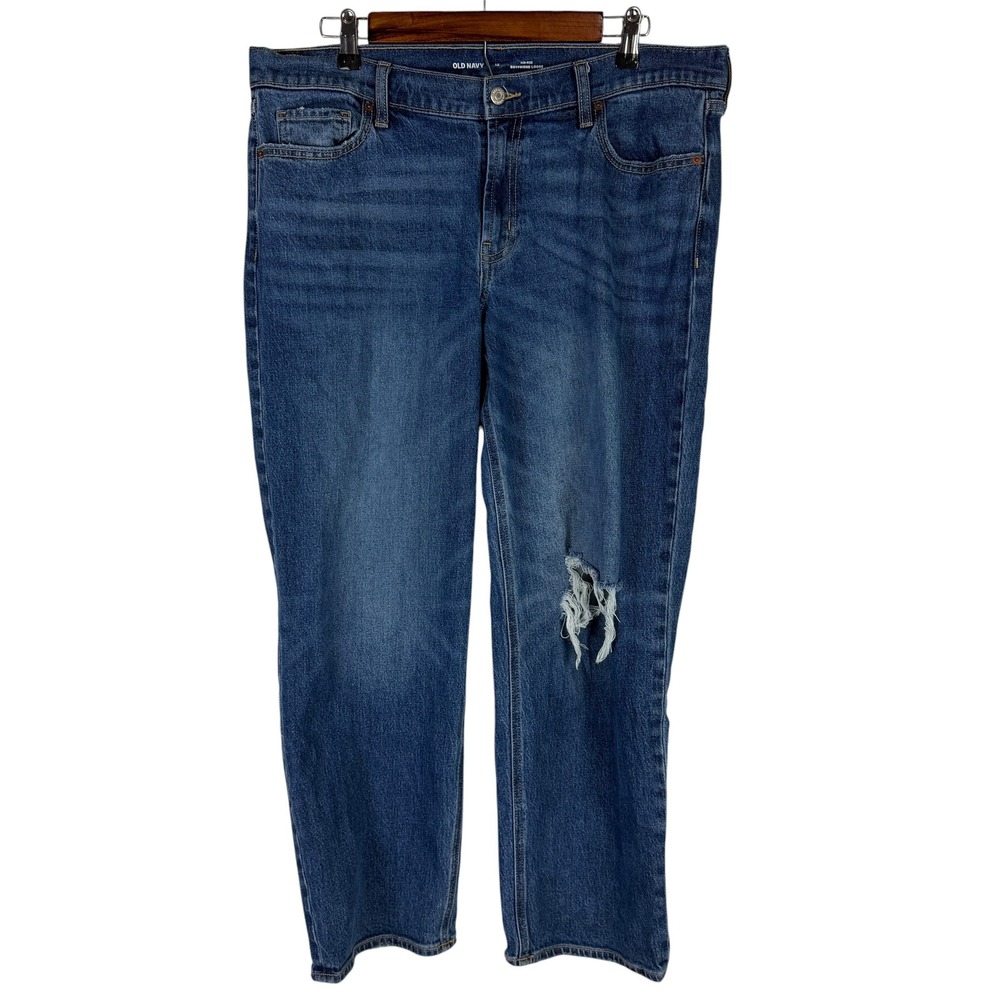 Old Navy Women's 12 Mid-Rise Boyfriend Loose Distressed Jeans Medium Wash Blue